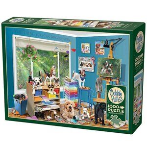 3/$77❤️Cobble Hill STUDIO PUPS 1000 pcs puzzle #80376 Dogs Artist Loft Painting
